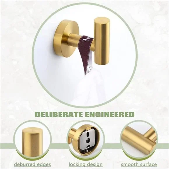 Towel Hook 2 PCS, Stainless Steel Bath Towel Robe Coat Holder, Brushed Gold